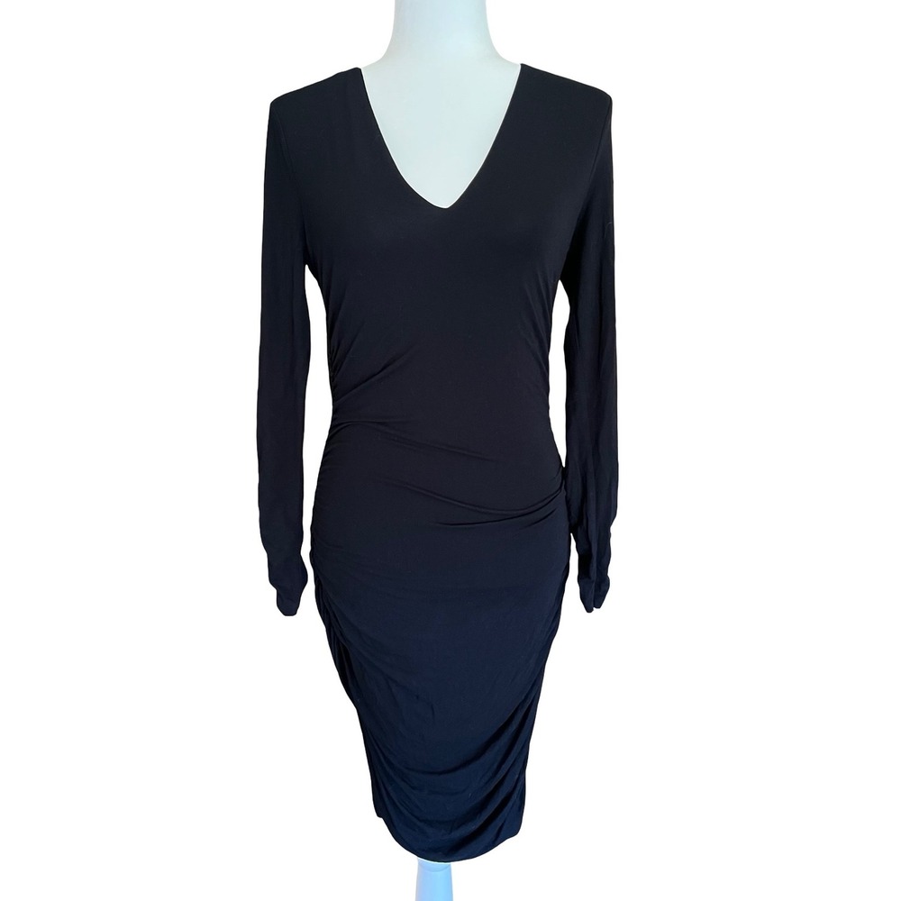Boden Black Ruched V-Neck Long Sleeve Bodycon Midi Dress US 6 Minimalist Chic
